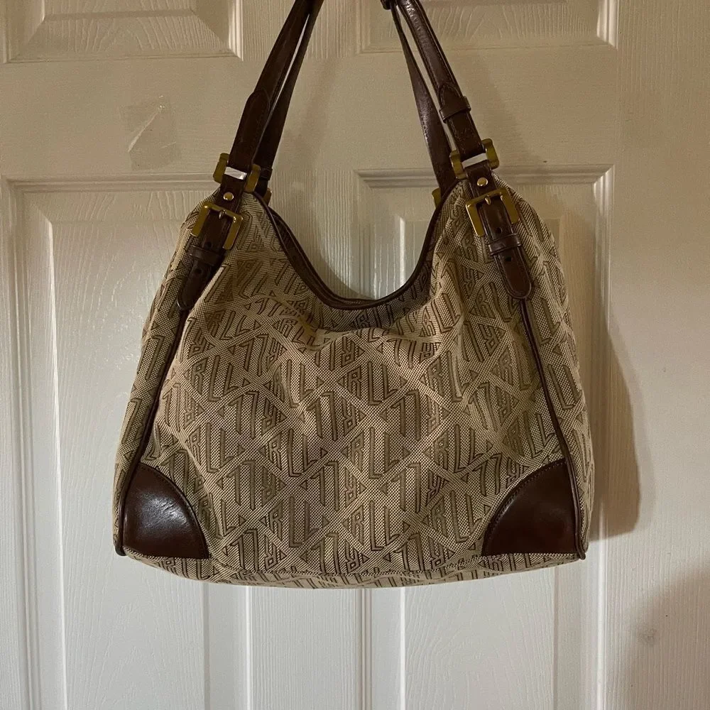 Ralph Lauren Logo Canvas khaki&brown Hobo Bag leather brown straps brass accents